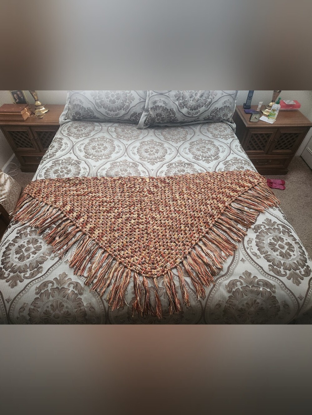 Handmade Knit Triangle Shawl with Fringe – Autumn Harvest Colors